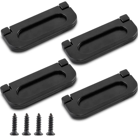 Four Pack Modern Hidden Recessed Door Pull Handles In Black Zinc Alloy For Cabinets Cupboards Drawers And Dressers Flush Ring Pulls With 64mm Hole Spacing Overall Size 75mm By 35mm Includes Mounting Screws.