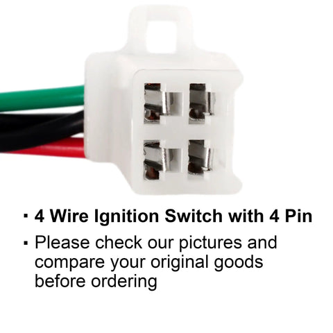 Close-up of a 4 Wire Ignition Switch With Key Plug And Play Universal Fit For 50cc 90cc 110cc 125cc Chinese ATV.