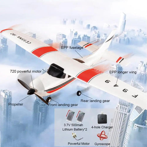 F949 RC Plane Ready To Fly 3CH 2.4GHz Remote Control Airplane for Beginners with EPP foam glider, propellers, and landing gear.