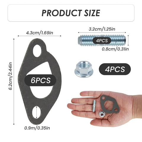 Predator 212 Exhaust Muffler Gasket Kit includes 6 gaskets, 4 nuts, 4 screws, 2 studs; shown with hand for size.