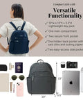 Anti-Theft Travel Backpack With RFID On-The-Go Slash-Resistant Nylon in charcoal with essentials like tablet, phone, passport visible