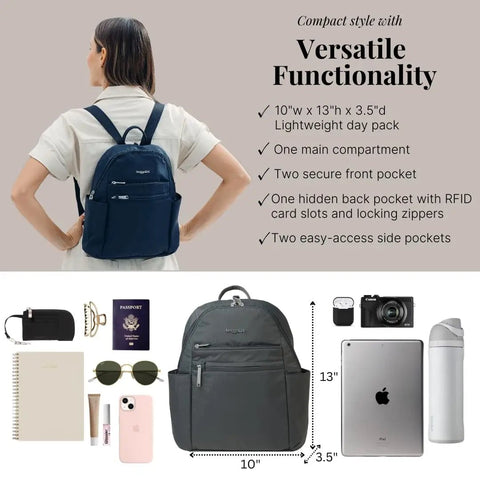 Anti-Theft Travel Backpack With RFID On-The-Go Slash-Resistant Nylon in charcoal with essentials like tablet, phone, passport visible