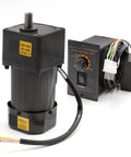 Front view of DUZFOREI adjustable gear motor with speed controller; black metal gearbox, 90W, AC110V, 75 RPM.