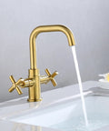 Modern Brushed Gold Bathroom Sink Faucet With 360 Degree Swivel Spout, 4 Inch Single Hole Or 3 Hole Centerset, 2 Handle Cross Handles