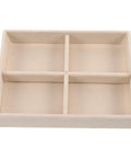 No Sweat Beige Velvet Jewelry Tray With Four Grid Compartments for quick sorting of rings, earrings, and bracelets.