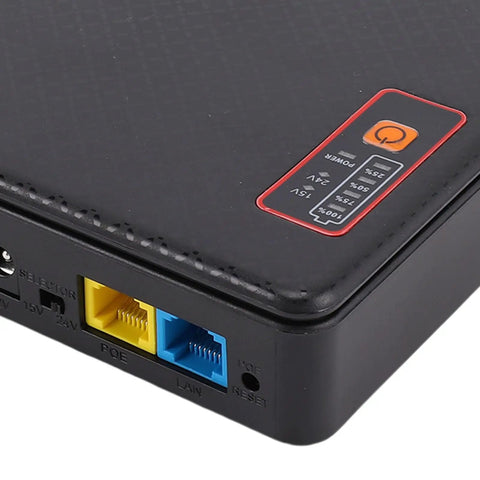 Never Sweat Another Power Outage Again As This Heavy Duty Uninterruptible Power Supply For Routers And Modems Packs A Massive 12000 Mah Backup Battery To Keep Your Network Alive All Night Long detail of ports and power indicator.