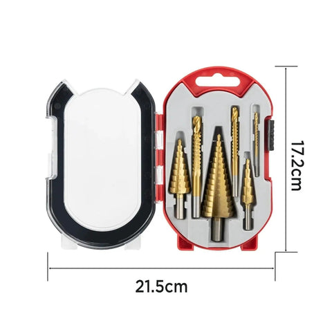 Heavy Duty Titanium Step Drill Bit Kit With 6 Sizes For Metal Woodworking Includes Precision Multi Size Hole Cutter Set Perfect For Core Milling And Clean Drilling Tasks Every Time, 21.5cm case