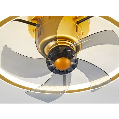 Close-up of POJGVU Smart Ceiling Fans With Lights, showcasing the transparent blades and gold motor.