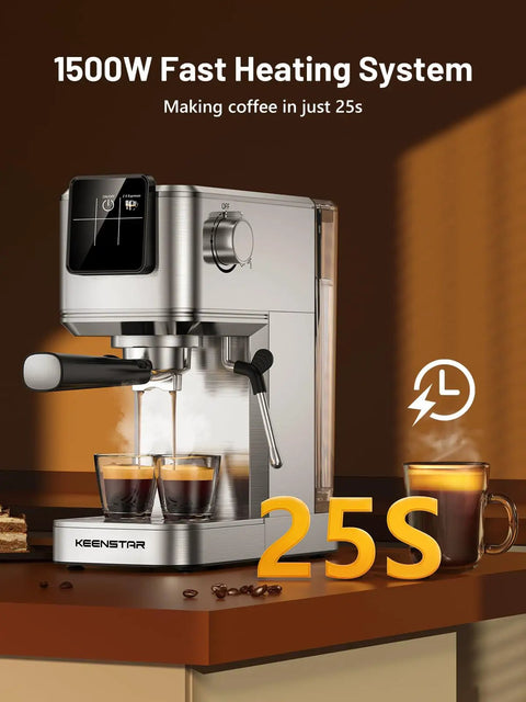 Top Shelf 20 Bar Espresso Machine With Hot And Iced Beverage Options Solid Stainless Steel Coffee Brewer preparing espresso shots