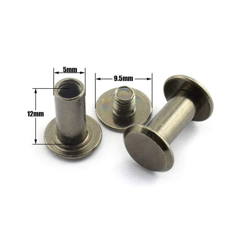 Pack Of 50 Black Chicago Screws Phillips Drive Binding Bolts Copper Plated Steel Rivets For Leather Crafting And Bookbinding showing dimensions.