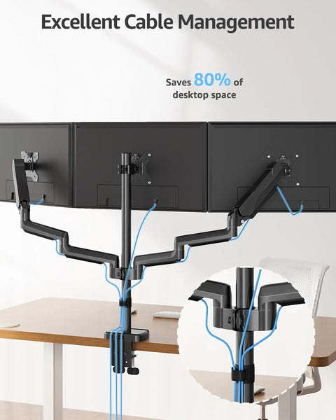 Triple Monitor Desk Mount For Up To 27 Inch Screens, Heavy Duty Arm System With Each Arm Holding 4.4 To 19.8 Lbs, Vesa Compatible
