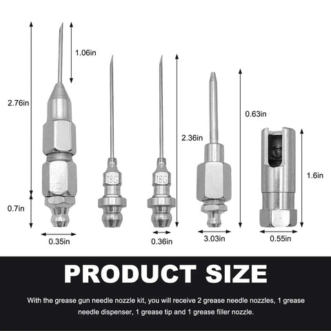 5 Piece Grease Gun Needle Nozzle Kit With Steel Tips For Precise Lubrication, Hardened Fittings, Anti Leak Injector Kit