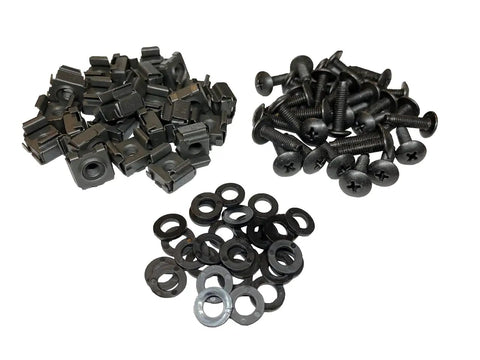 Top Shelf 10-32 Black Oxide Cage Nuts And Hex Screws With Flat Washers 25 Pack, assorted hardware for secure server installation.