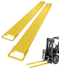 72-inch yellow pallet fork extensions, 4.5-inch wide, heavy-duty steel pair for forklift use, shown on forks.