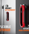 Red 0.3 Second Instant Read Digital Meat Thermometer for Cooking and Grilling attached magnetically to fridge.