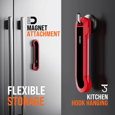 Red 0.3 Second Instant Read Digital Meat Thermometer for Cooking and Grilling attached magnetically to fridge.