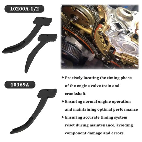 Heavy Duty Shop Grade 6 Pack Camshaft Timing Lock Tools And Cam Phaser Engine Service Kit Tough Polypropylene Build showing 10200A-1/2 and 10369A tools.