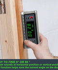 Close-up of Top Shelf Digital Angle Finder Protractor measuring 82 degrees on wood, showcasing digital display and user hand.