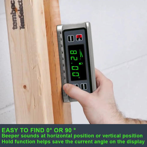 Close-up of Top Shelf Digital Angle Finder Protractor measuring 82 degrees on wood, showcasing digital display and user hand.