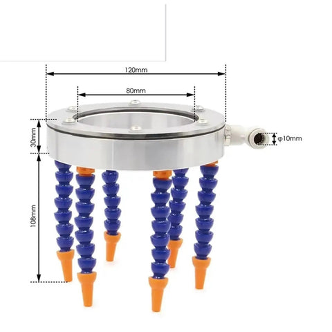 Heavy Duty Water Spray Ring Cooling Nozzle For Machining Centers Rock Solid General Purpose Coolant Accessory Built Tough Flat Out Precision with blue and orange flexible hoses.