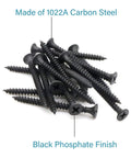 Tough As Nails Six X Two Inch Drywall Screws Featuring Slick Black Phosphate Coating And Flawless Bugle Heads For Metal Studs Anchoring And Drywall Patching Fifty Pack Phillips Fasteners scattered, showing black phosphate finish.