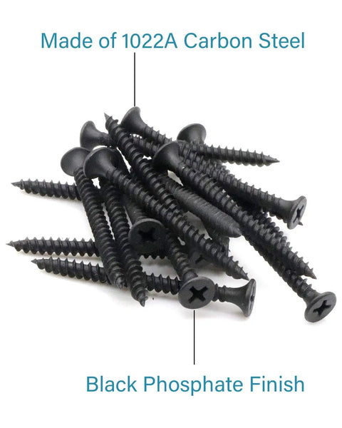 Tough As Nails Six X Two Inch Drywall Screws Featuring Slick Black Phosphate Coating And Flawless Bugle Heads For Metal Studs Anchoring And Drywall Patching Fifty Pack Phillips Fasteners scattered, showing black phosphate finish.