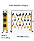 Rock Solid Retractable Scissor Gate With Hella Bright Yellow And Black Reflective Strips showing size details before and after stretching.