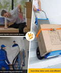 Comparison of manual lifting causing strain vs using a Professional Grade Electric Stair Climbing Dolly for efficient moving.