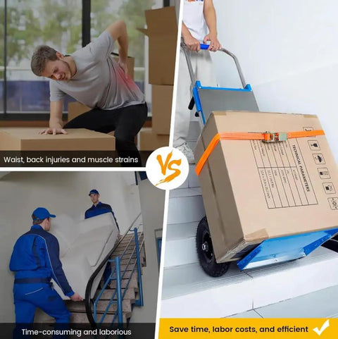 Comparison of manual lifting causing strain vs using a Professional Grade Electric Stair Climbing Dolly for efficient moving.