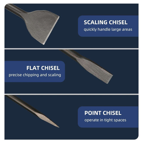 Front view: three-piece SDS Max masonry chisel set with 1in flat, 3in scaling, and point chisels.