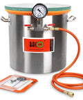 BACOENG 5-gallon stainless steel vacuum chamber with gauge, red valves, and orange hose; tempered glass lid, front view