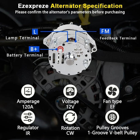 Chrome 1 Wire Self Exciting 120 Amp High Output Alternator Replacement 12V CW Rotation 10SI Style diagram showing terminals and specs