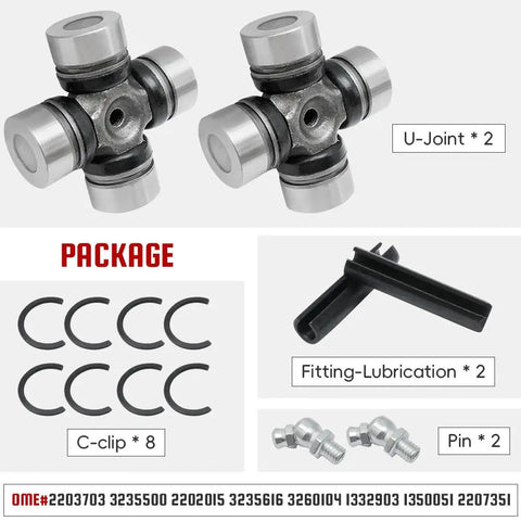 Two Pack Front Prop Shaft U Joint for Polaris ATV and UTV Models Including ACE 570 ATP 330 500 Brutus Magnum 325 330 500 RZR 4 900 RZR 570 800 900 Ranger Xplorer 570 700 800 1000 1995 2023 Replacement Parts, two U-joints, C-clips, fittings and pins