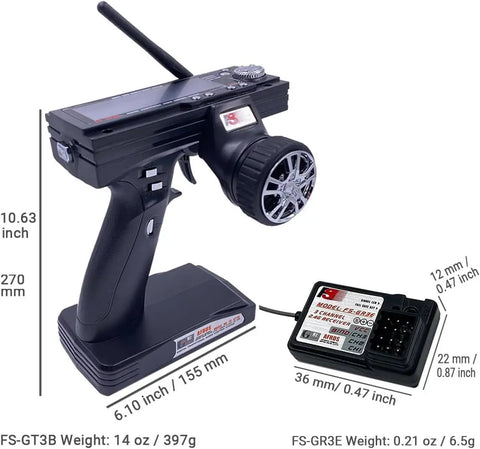 3 Channel RC Transmitter And Receiver 2.4GHz AFHDS Sky Radio Control System with LCD, dimensions and weights shown