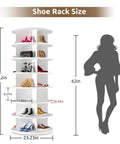 7 Tier Rotating Shoe Rack With 360 Degree Spin, Holds 28-32 Pairs, Lazy Susan Style, shown with size dimensions, white design.
