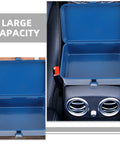 Heavy Duty Metal Tool Box Pair In Blue Thick Iron Construction With Sturdy Latches Portable Trunk Storage For Your Ride Or Home Workshop Solid Setup view of open toolbox in car showing large capacity.