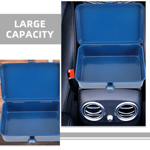 Heavy Duty Metal Tool Box Pair In Blue Thick Iron Construction With Sturdy Latches Portable Trunk Storage For Your Ride Or Home Workshop Solid Setup view of open toolbox in car showing large capacity.