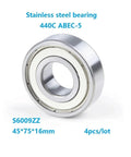 Four Pack S6009ZZ Deep Groove Ball Bearings 45x75x16mm ABEC5 Stainless Steel With Double Metal Shields
