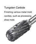 Close-up of tungsten carbide cylindrical rotary burr with ball nose design for metal mold finishing.