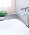 LED Waterfall Bathroom Sink Faucet With Open Glass Spout Tall Vessel Sink Tap Single Handle 1 Hole Mount Two Water Supply Lines