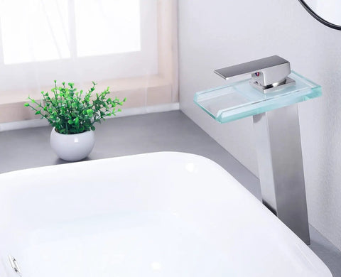 LED Waterfall Bathroom Sink Faucet With Open Glass Spout Tall Vessel Sink Tap Single Handle 1 Hole Mount Two Water Supply Lines