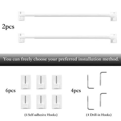 Adhesive Curtain Rods No Drill Two Pack Telescopic 16 To 27 Inches White with 6 adhesive hooks and 4 drill hooks displayed