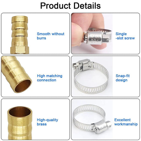 Brass Hose Barb Fittings Repair Kit for Water, Fuel and Air Lines includes close-up of brass barb and stainless steel clamp.