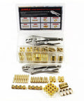 Front view of JZWELD 1/4 in ID hose repair kit with brass fittings and crimping tool in plastic case