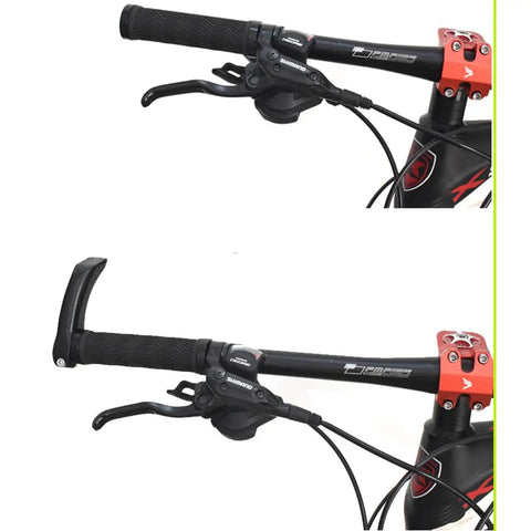 Aluminum 50mm Bicycle Handlebar Extender for Longer Reach And A Comfortable Grip, shown on mountain bike, easy to install.