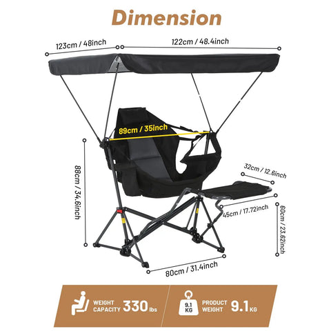 Portable Folding Hammock Camping Chair With Canopy And Footrest dimensions, features adjustable shade and cup holder, 2 pack
