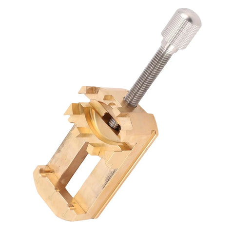 Solid Mini Vise Clamp With Soft Copper Jaws For Watch Repair Jewelry Making Electronics And Woodworking Projects, close-up of copper jaws and adjustment screw.