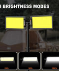 12V Dual Head LED Camping Light With Stand, 11200 Lumens Portable, showcasing three brightness modes against outdoor backdrop.