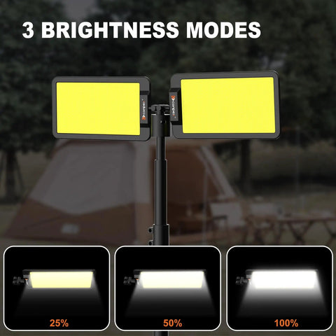 12V Dual Head LED Camping Light With Stand, 11200 Lumens Portable, showcasing three brightness modes against outdoor backdrop.