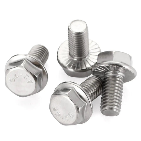 5/16-18 X 3/4 Flange Hex Head Bolts Stainless Steel 304 fully threaded, showing four heavy-duty bolts with hex heads.